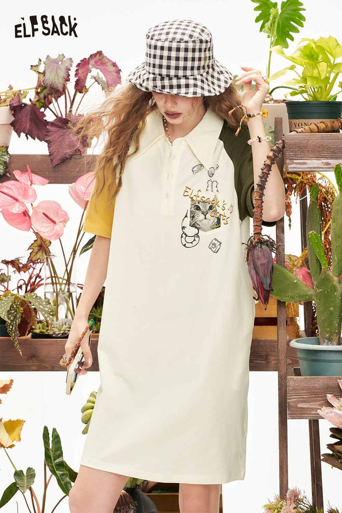 ELFSACK Cute Color Block Raglan Cat Graphic Loose Tshirt Dress