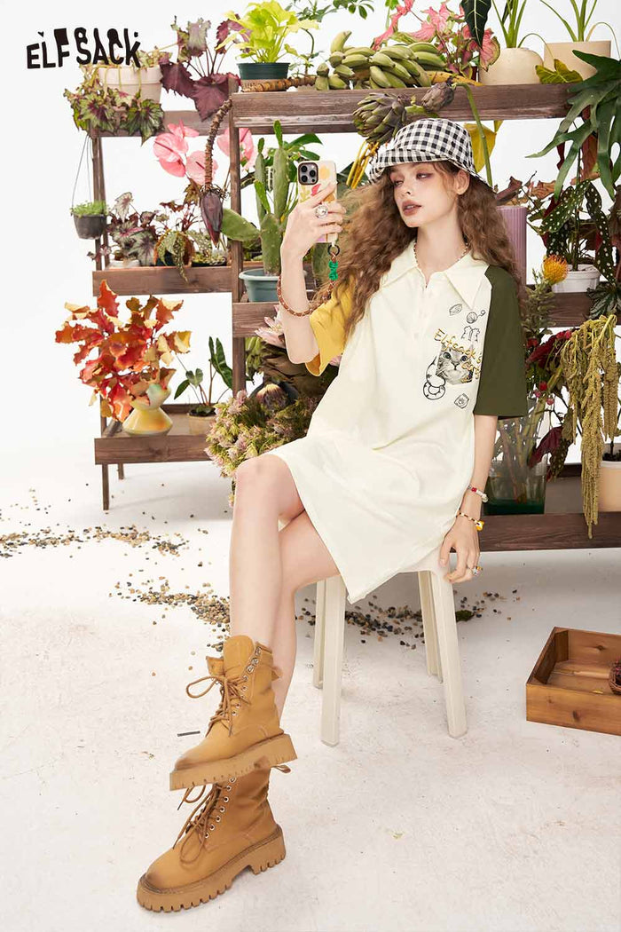 ELFSACK Cute Color Block Raglan Cat Graphic Loose Tshirt Dress