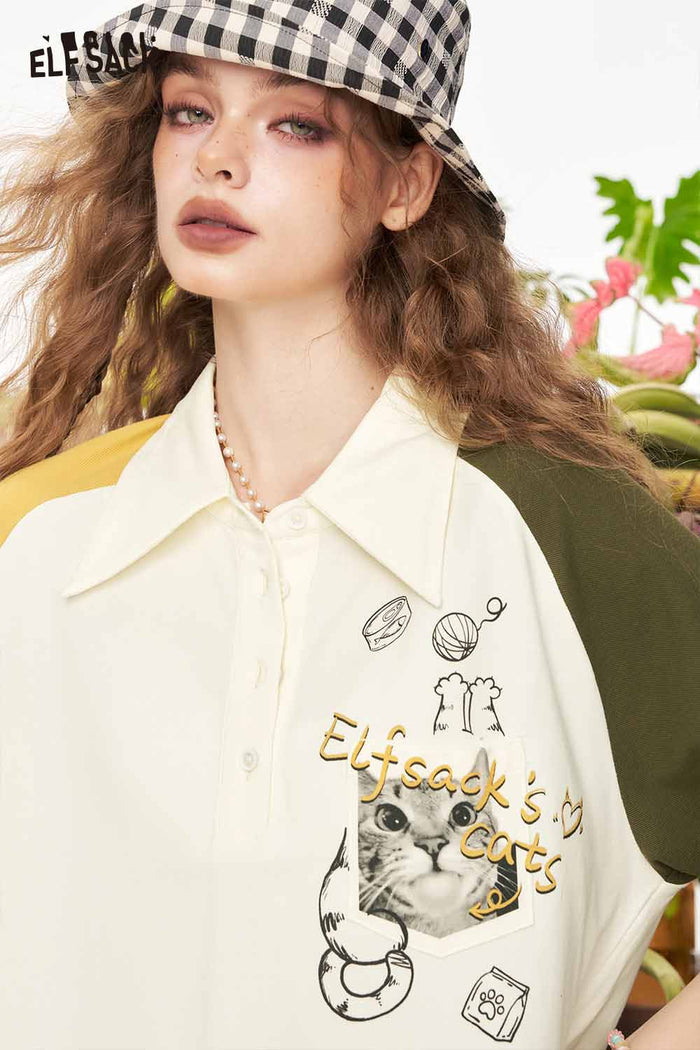ELFSACK Cute Color Block Raglan Cat Graphic Loose Tshirt Dress