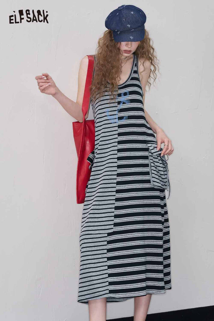 ELFSACK Cute Color Block Stripes Slip Casual Tshirt Dress