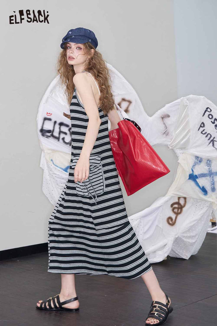 ELFSACK Cute Color Block Stripes Slip Casual Tshirt Dress