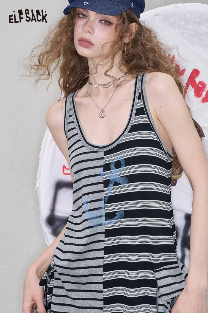 ELFSACK Cute Color Block Stripes Slip Casual Tshirt Dress
