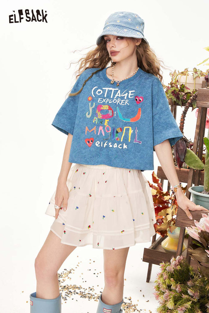 ELFSACK Cute Colorful Letter Print Cropped Tee