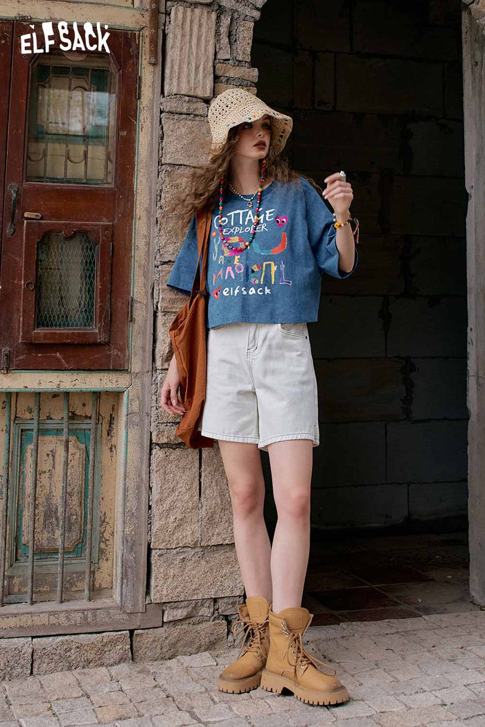 ELFSACK Cute Colorful Letter Print Cropped Tee