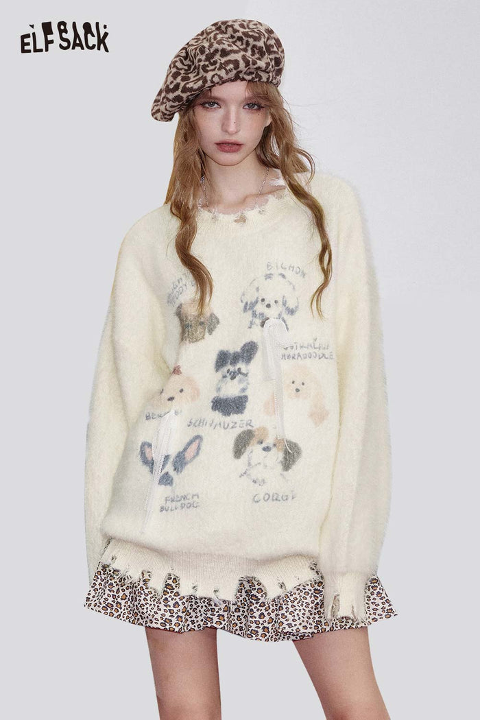 Cute Dog Print Frayed Pullover Sweater