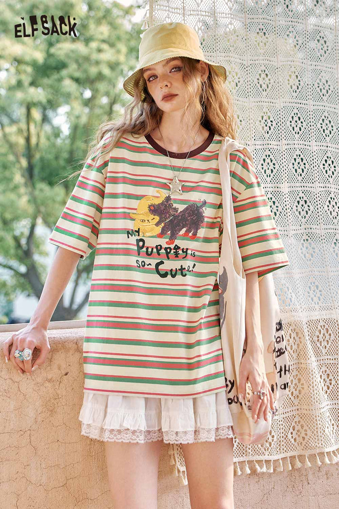 ELFSACK Cute Dog Print Striped T Shirt