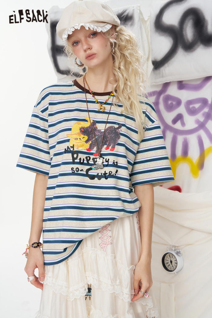 ELFSACK Cute Dog Print Striped T Shirt