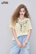 ELFSACK Cute Doodle Print Striped Cropped Tee