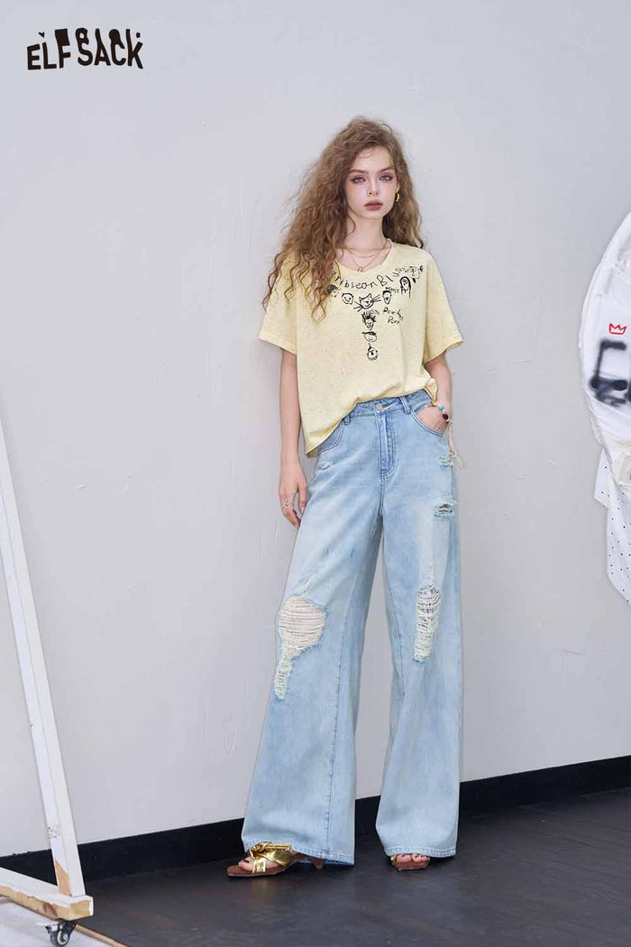 ELFSACK Cute Doodle Print Striped Cropped Tee
