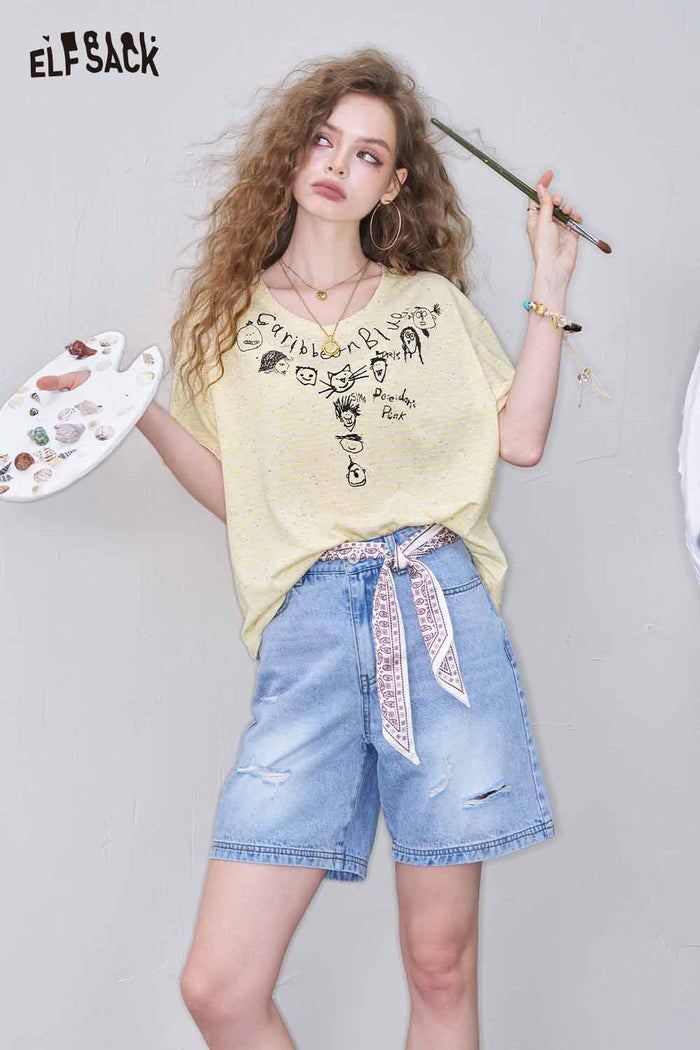 ELFSACK Cute Doodle Print Striped Cropped Tee