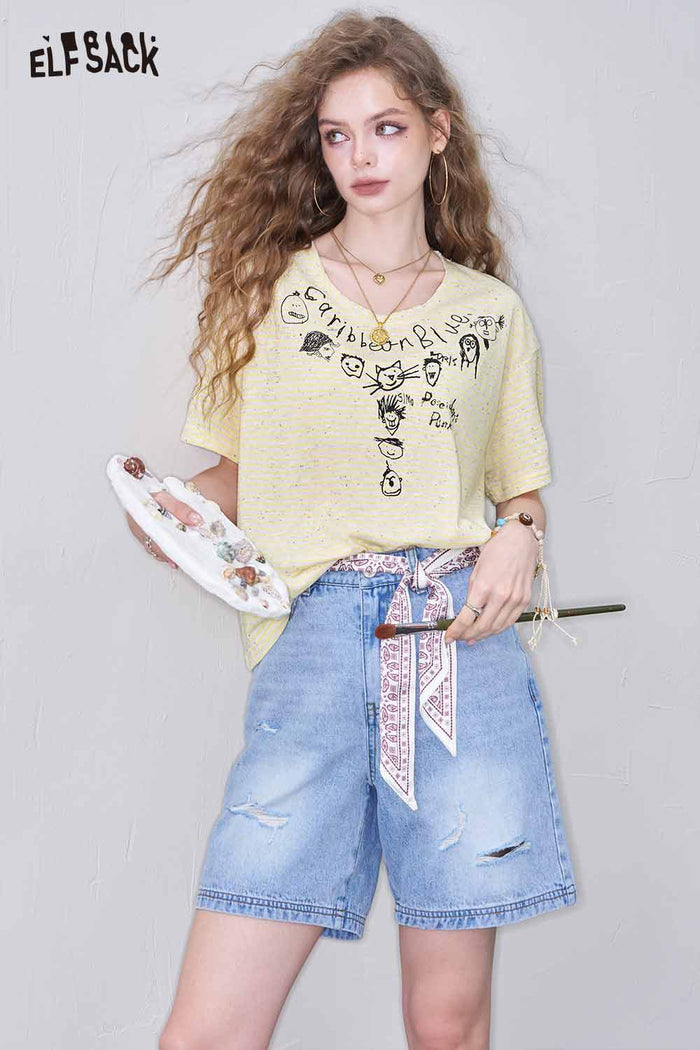 ELFSACK Cute Doodle Print Striped Cropped Tee