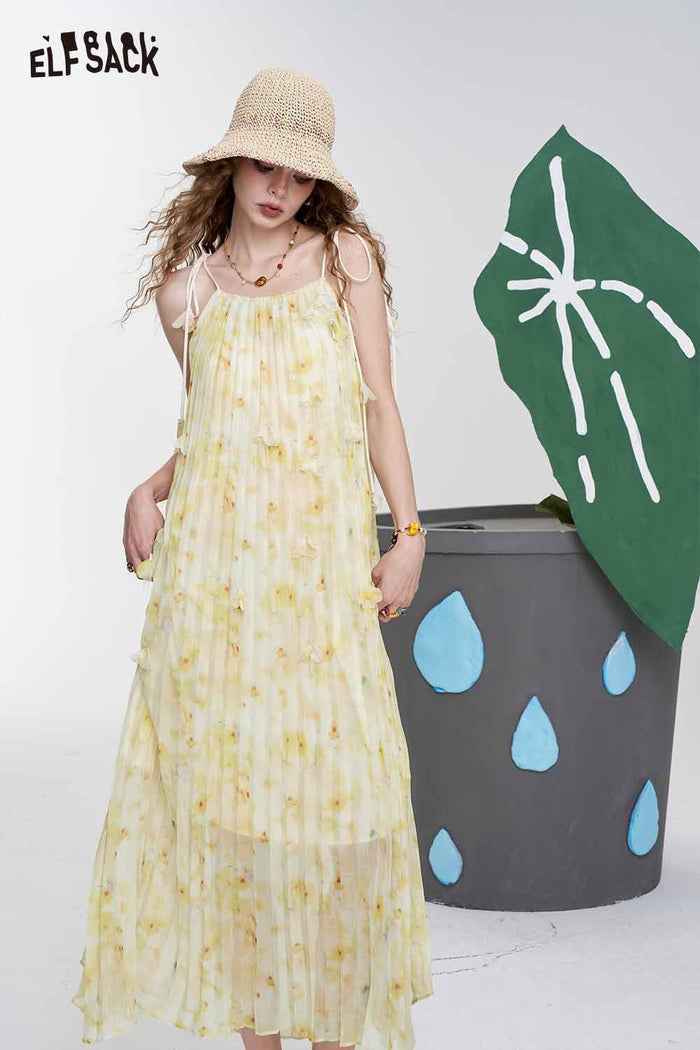 ELFSACK Cute Floral Loose Sheer Slip Holiday Slim Maxi Dress