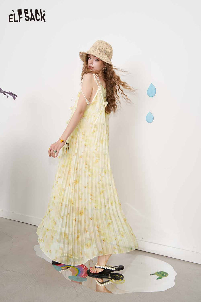 ELFSACK Cute Floral Loose Sheer Slip Holiday Slim Maxi Dress