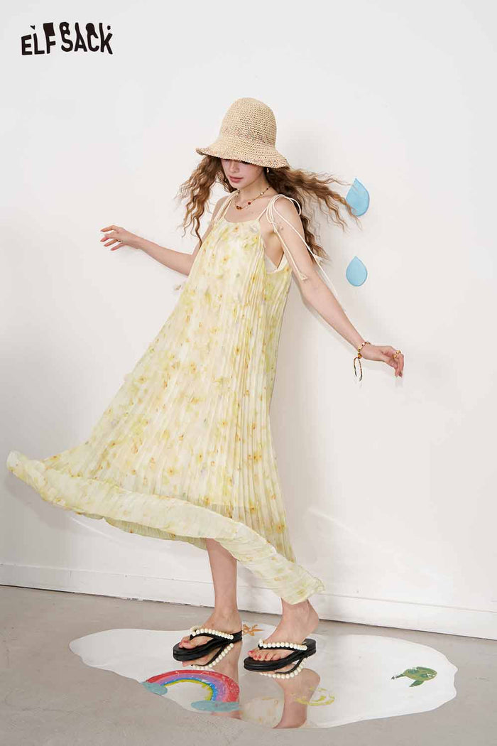 ELFSACK Cute Floral Loose Sheer Slip Holiday Slim Maxi Dress