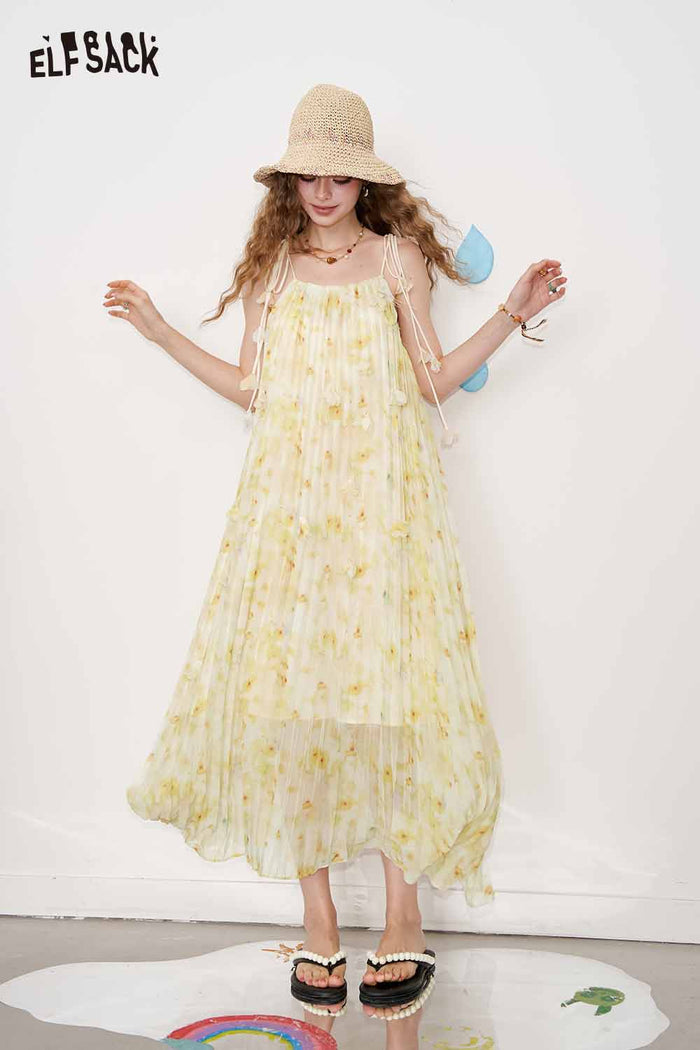 ELFSACK Cute Floral Loose Sheer Slip Holiday Slim Maxi Dress