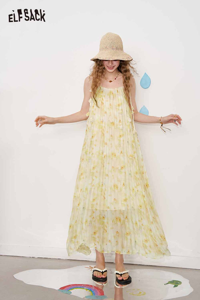 ELFSACK Cute Floral Loose Sheer Slip Holiday Slim Maxi Dress