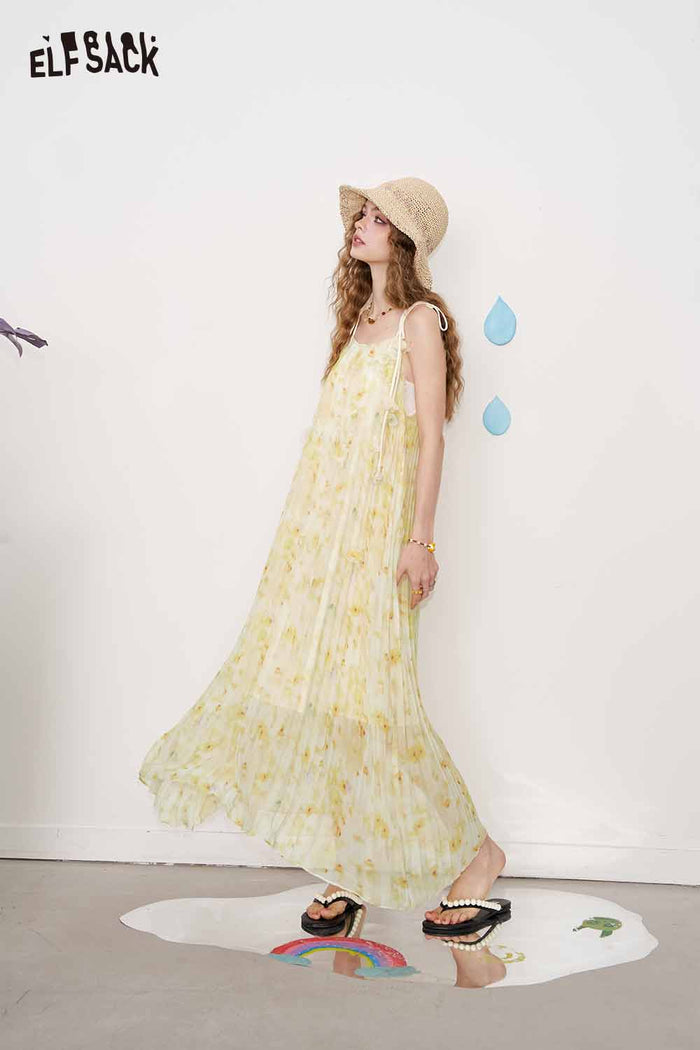 ELFSACK Cute Floral Loose Sheer Slip Holiday Slim Maxi Dress