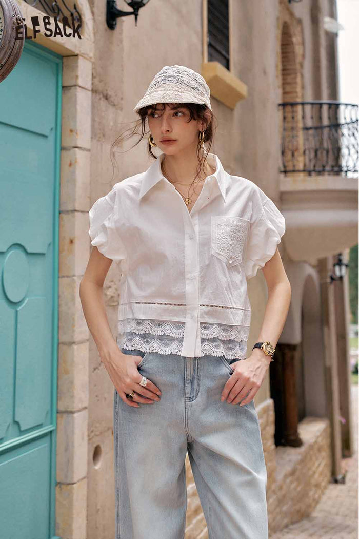 ELFSACK Cute French Design Short Sleeve Elegant Blouse