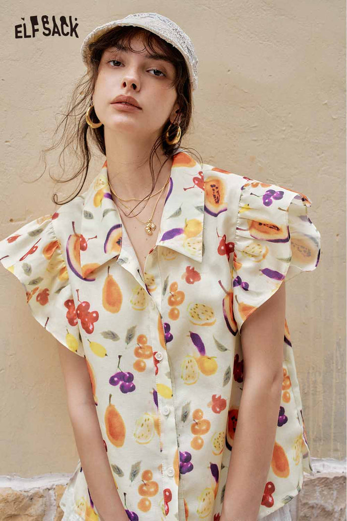 ELFSACK Cute Fruit Graphic Flutter Sleeve Holiday Blouse