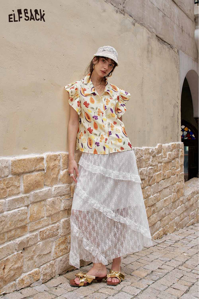 ELFSACK Cute Fruit Graphic Flutter Sleeve Holiday Blouse