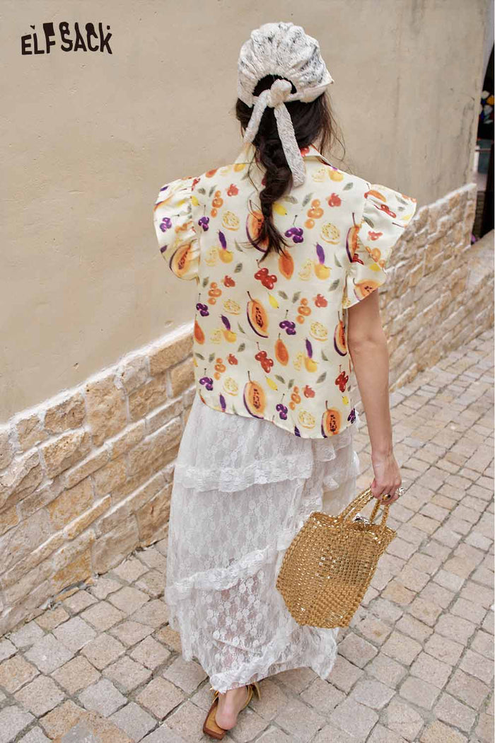 ELFSACK Cute Fruit Graphic Flutter Sleeve Holiday Blouse