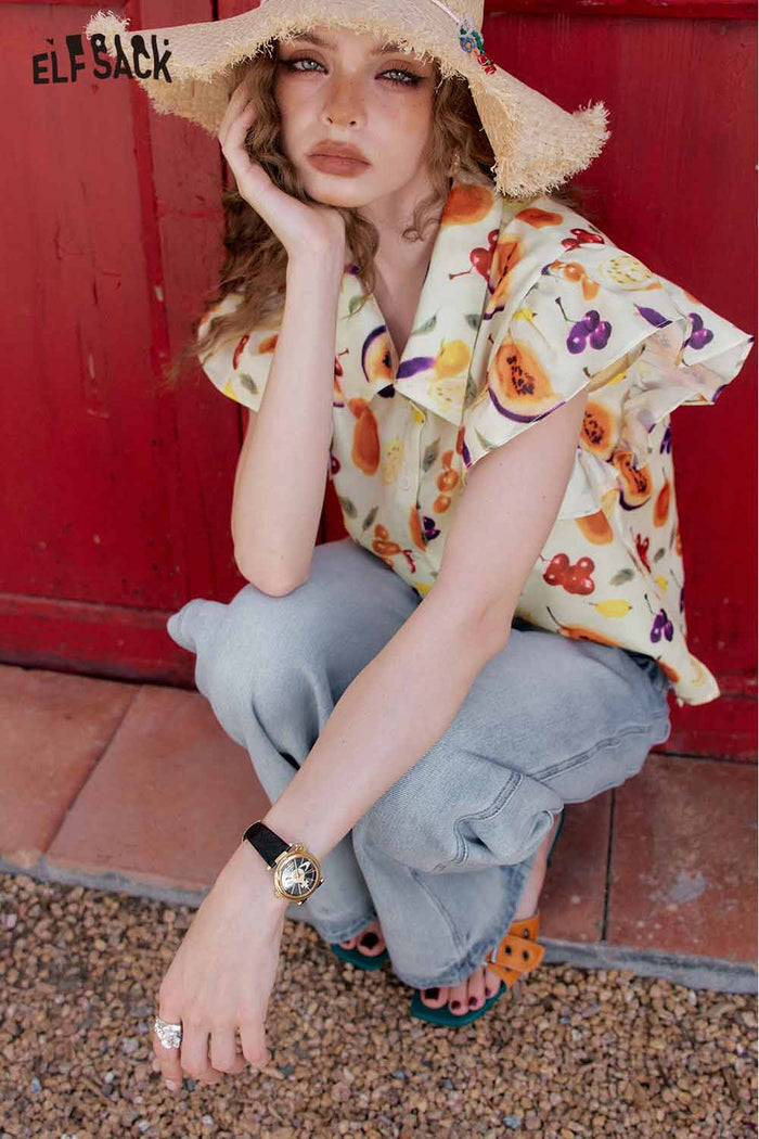 ELFSACK Cute Fruit Graphic Flutter Sleeve Holiday Blouse