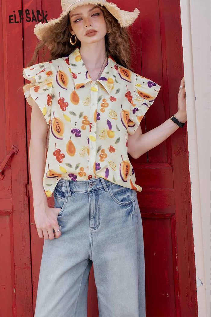 ELFSACK Cute Fruit Graphic Flutter Sleeve Holiday Blouse