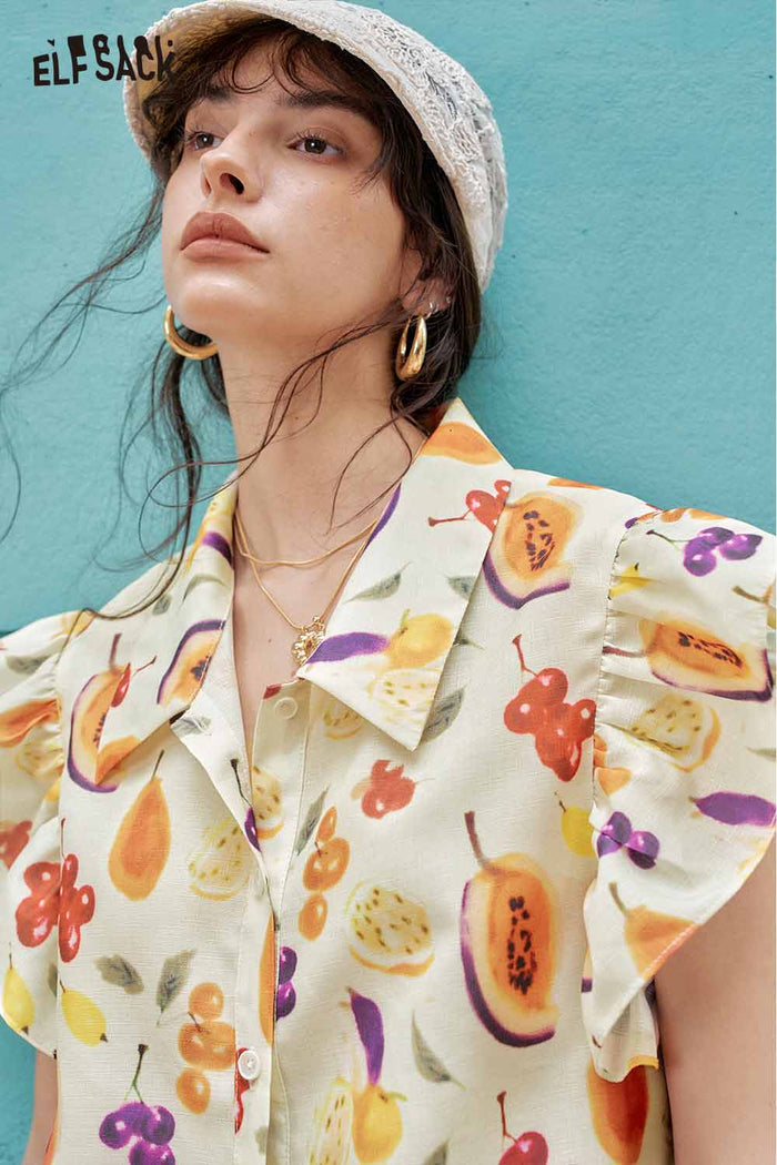 ELFSACK Cute Fruit Graphic Flutter Sleeve Holiday Blouse