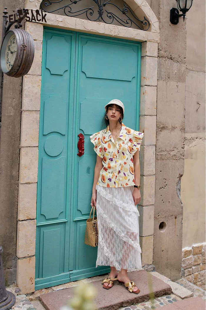 ELFSACK Cute Fruit Graphic Flutter Sleeve Holiday Blouse