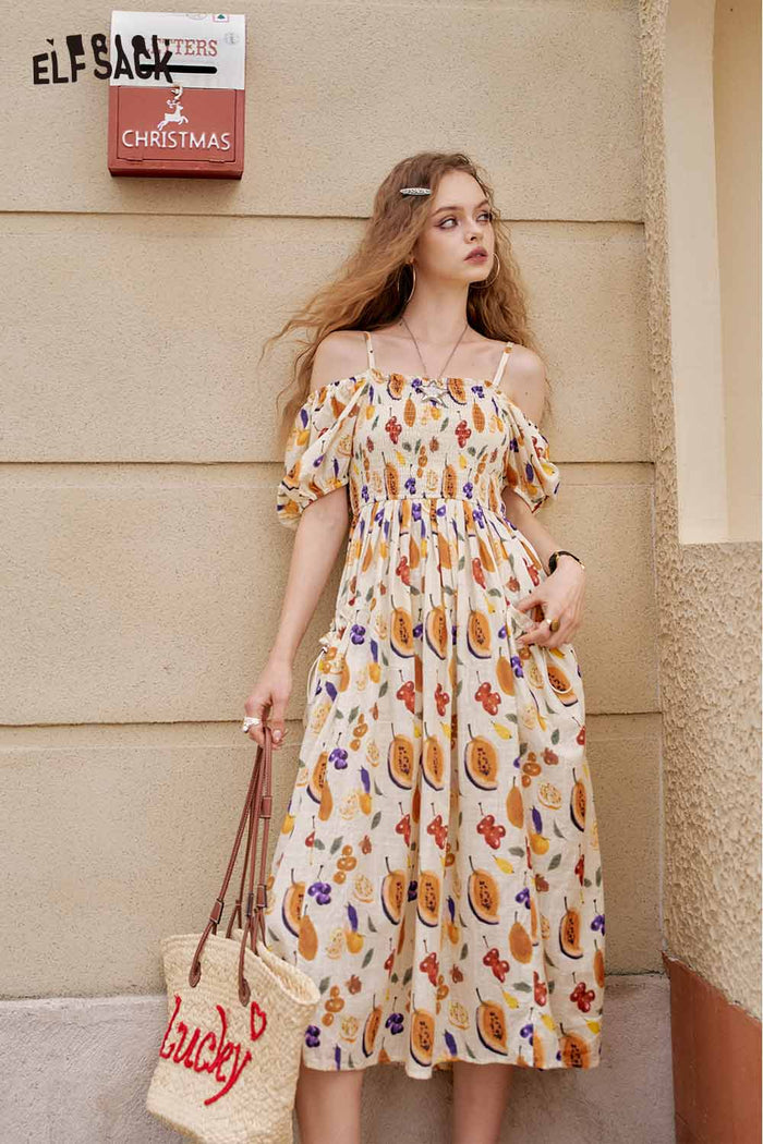 ELFSACK Cute Fruit Graphic Off Shoulder French Waist Tie Dress