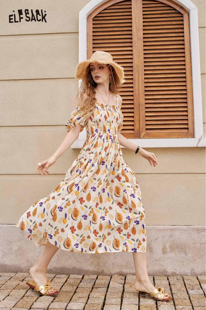 ELFSACK Cute Fruit Graphic Off Shoulder French Waist Tie Dress