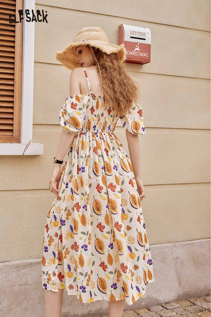 ELFSACK Cute Fruit Graphic Off Shoulder French Waist Tie Dress
