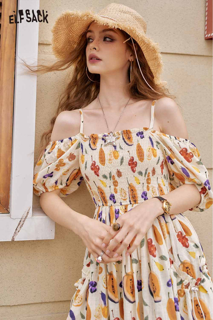 ELFSACK Cute Fruit Graphic Off Shoulder French Waist Tie Dress