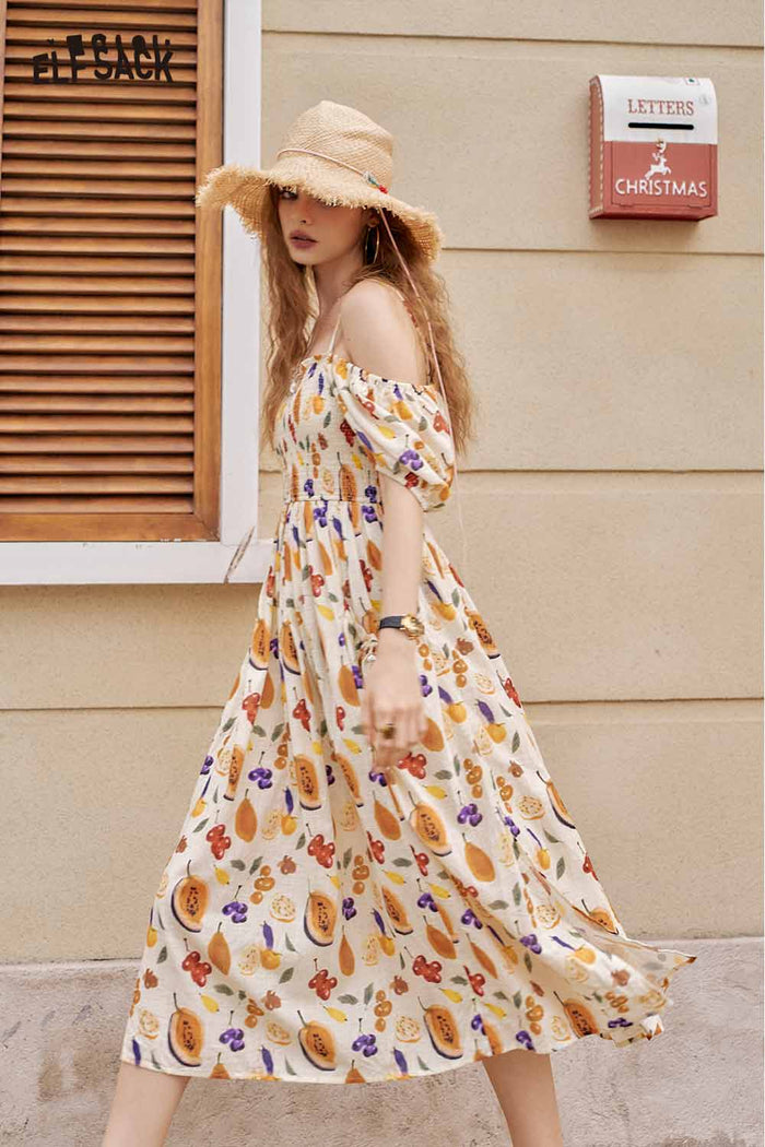 ELFSACK Cute Fruit Graphic Off Shoulder French Waist Tie Dress