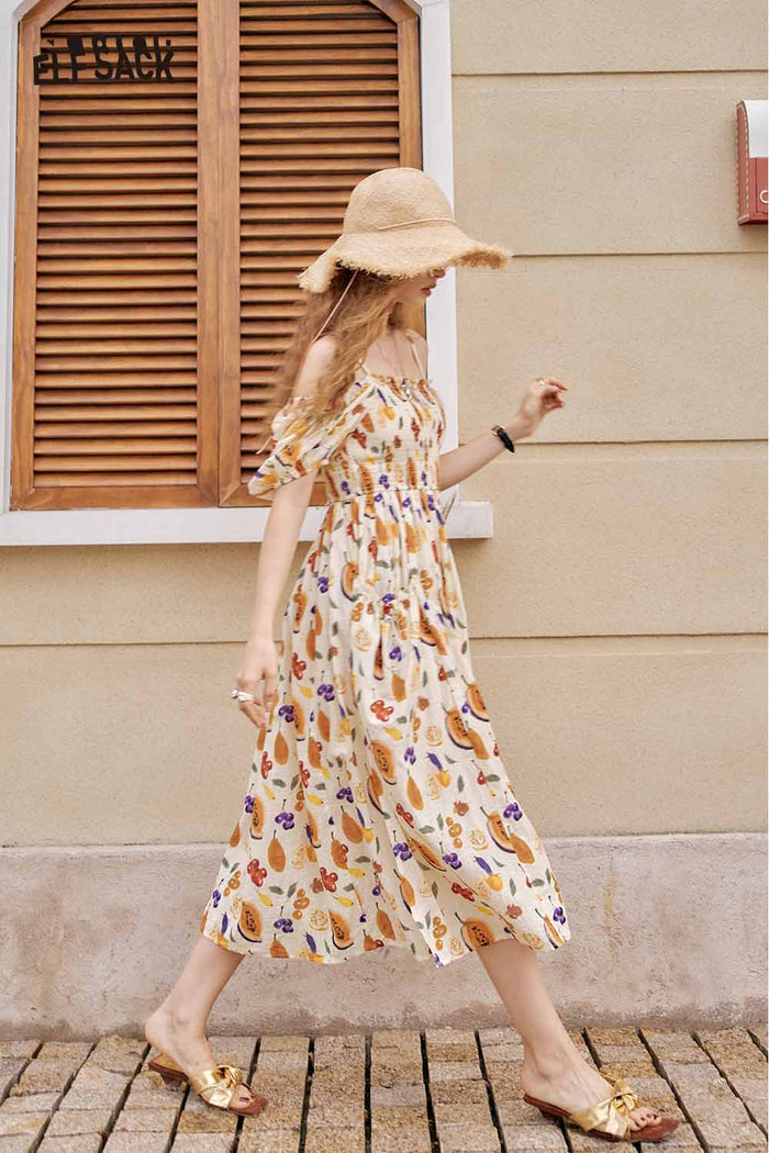 ELFSACK Cute Fruit Graphic Off Shoulder French Waist Tie Dress