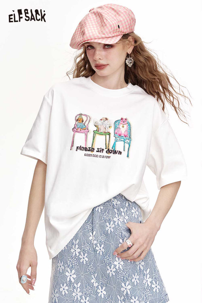 ELFSACK Cute Graphic T-Shirt With Dogs Print