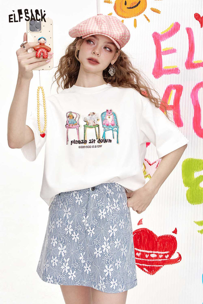 ELFSACK Cute Graphic T-Shirt With Dogs Print