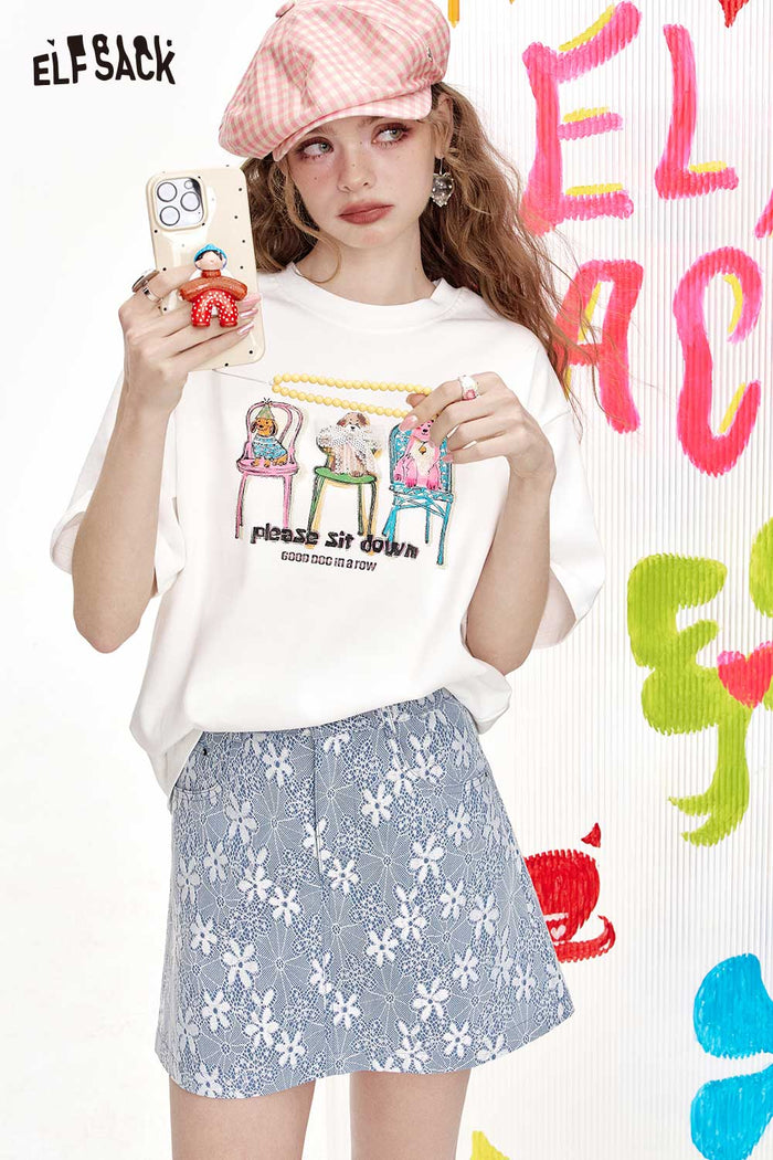 ELFSACK Cute Graphic T-Shirt With Dogs Print