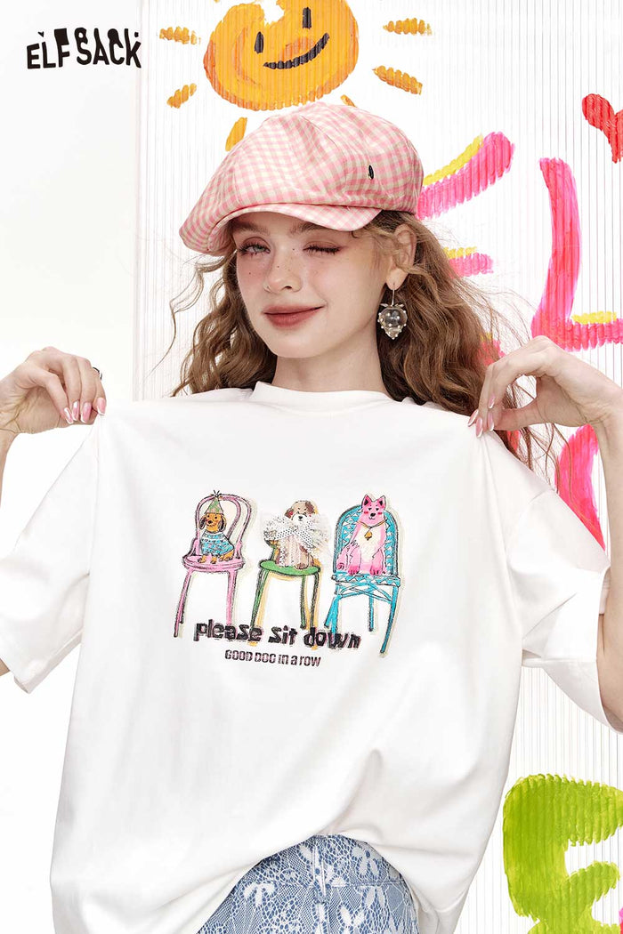 ELFSACK Cute Graphic T-Shirt With Dogs Print