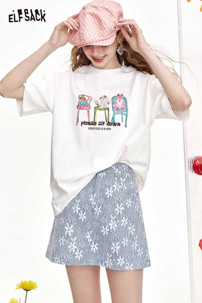 ELFSACK Cute Graphic T-Shirt With Dogs Print