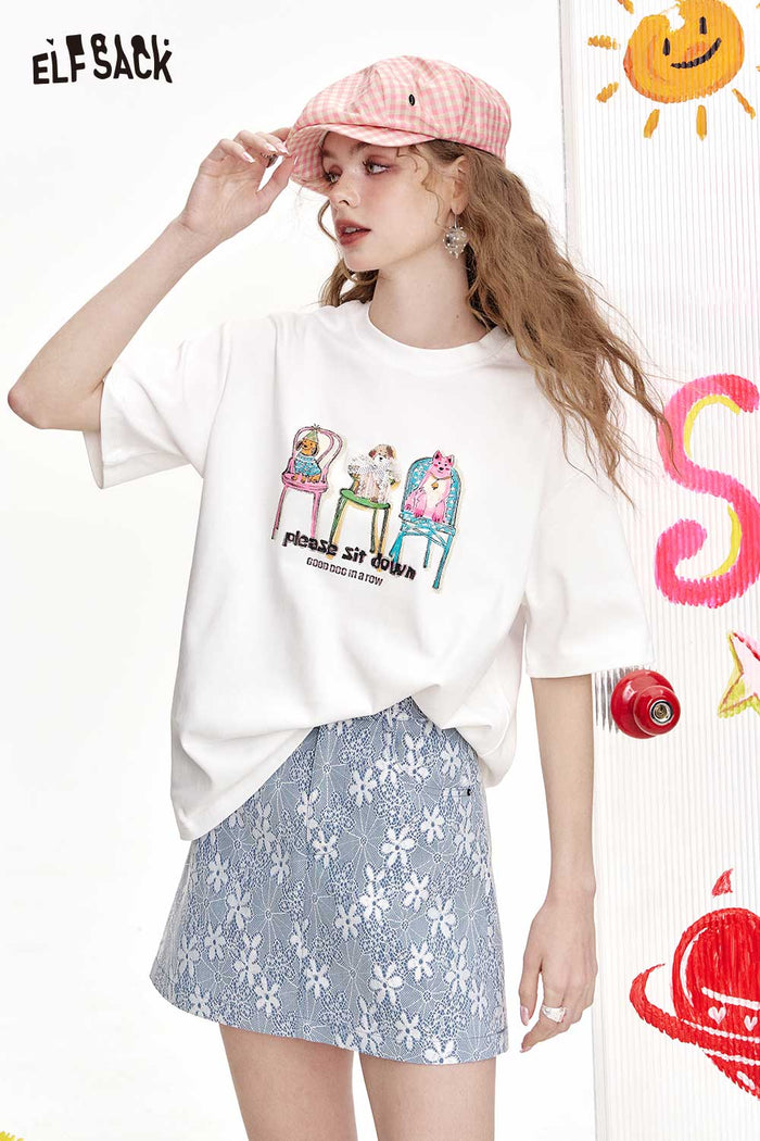 ELFSACK Cute Graphic T-Shirt With Dogs Print