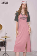 ELFSACK Cute Letter Graphic Color Block Side Split Slim Tshirt Dress
