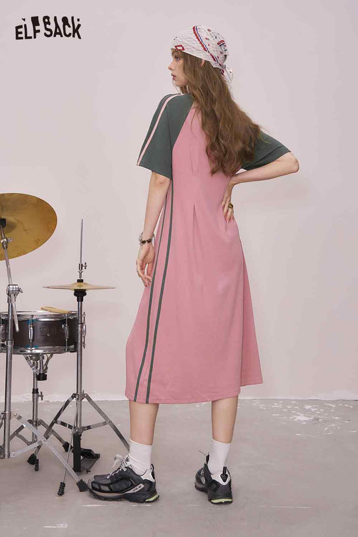ELFSACK Cute Letter Graphic Color Block Side Split Slim Tshirt Dress