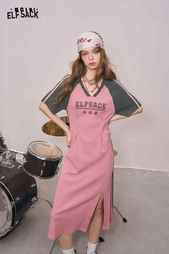 ELFSACK Cute Letter Graphic Color Block Side Split Slim Tshirt Dress