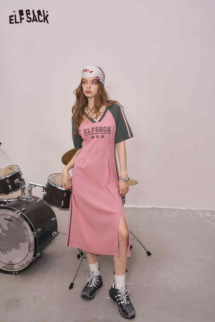 ELFSACK Cute Letter Graphic Color Block Side Split Slim Tshirt Dress