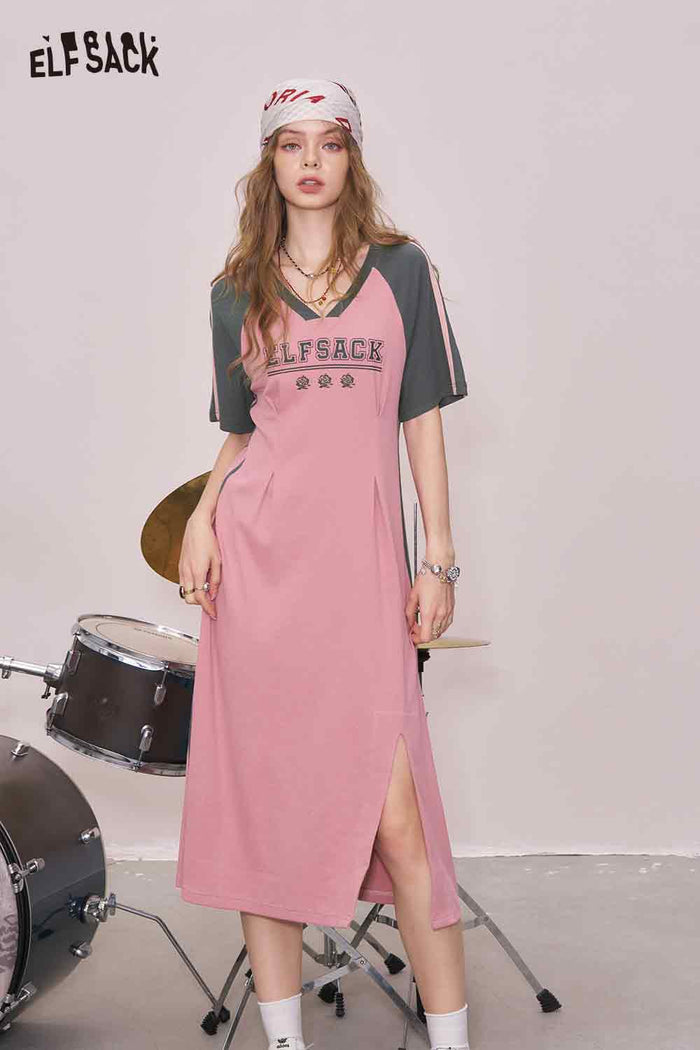 ELFSACK Cute Letter Graphic Color Block Side Split Slim Tshirt Dress