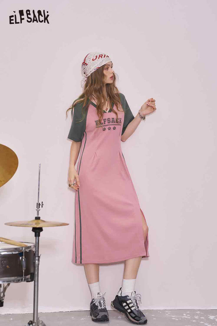 ELFSACK Cute Letter Graphic Color Block Side Split Slim Tshirt Dress