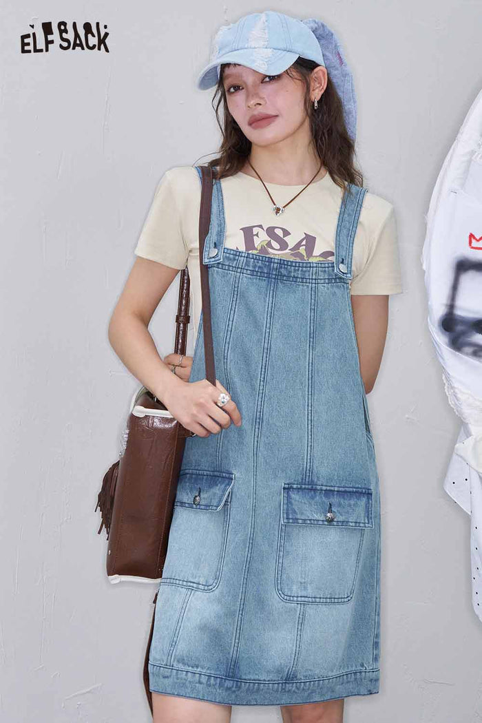ELFSACK Cute Light Wash Denim Jumper Loose Dress