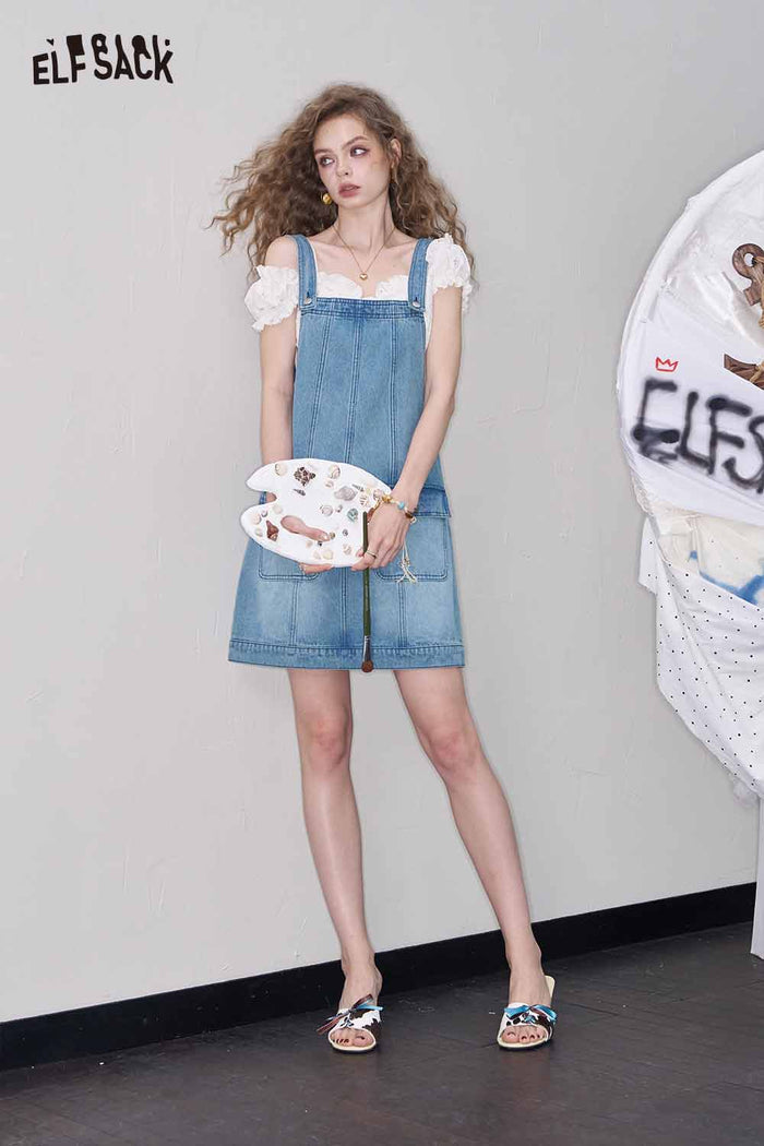 ELFSACK Cute Light Wash Denim Jumper Loose Dress
