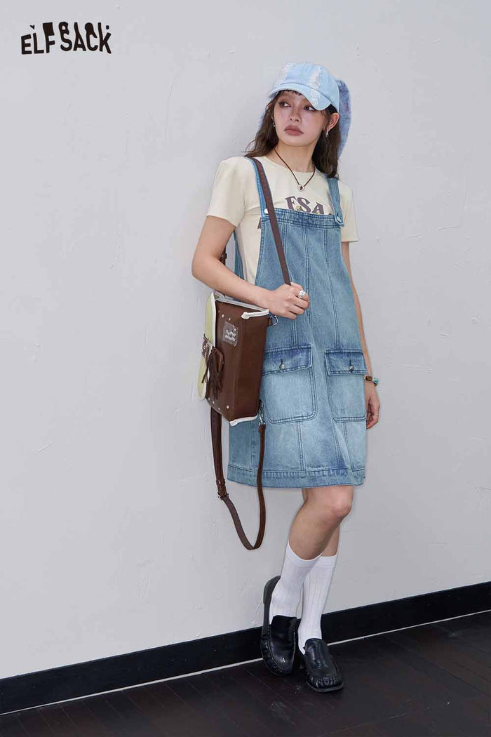 ELFSACK Cute Light Wash Denim Jumper Loose Dress